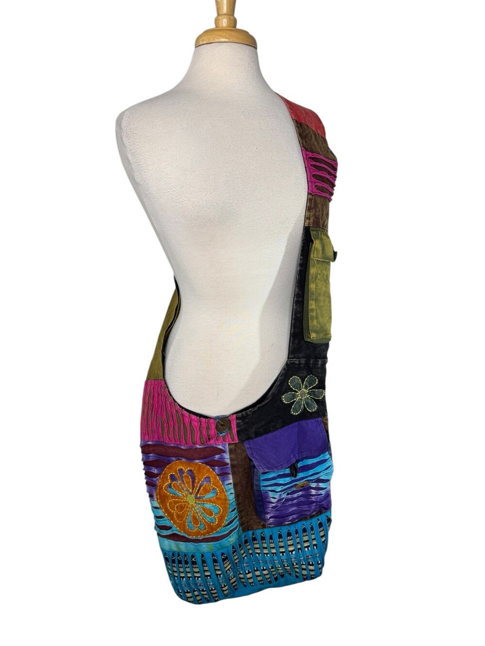 Boho Hippie Crossbody Tote Bag Multicolor Cotton Zipper Nepal Embroidered
